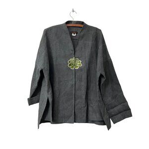 Red Lantern Womens Gray Green Embroidered Floral Linen Lagenlook Jacket Sz M